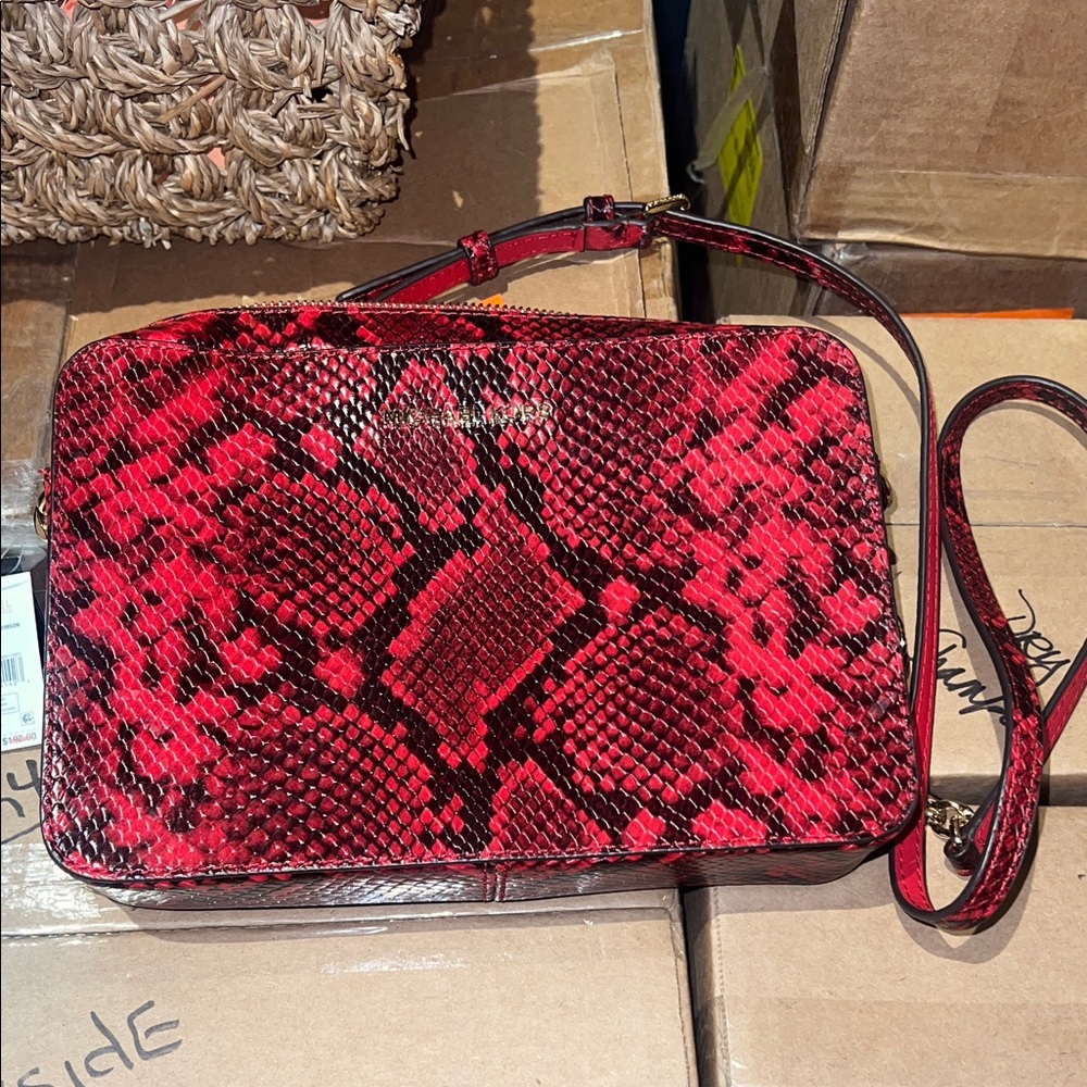 Michael Kors Red and Black Snake-Print Crossbody Bag
